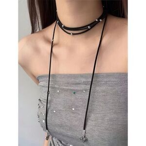 Black Faux Suede Wrap Choker Necklace with Silver Charms – Adjustable